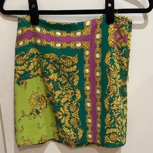 Mango Baroque print Vibrant Green and Purple Scarf skirt XS NWT